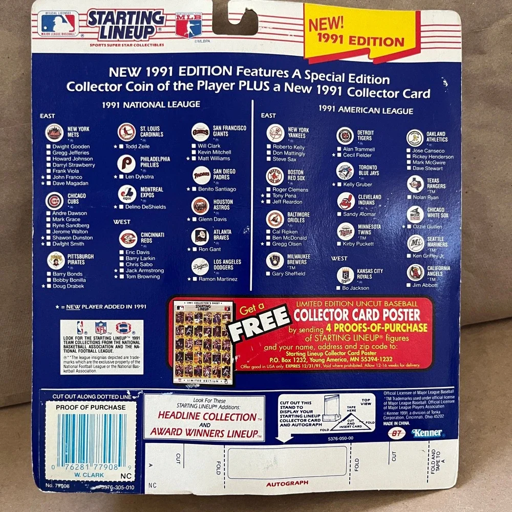 1991 Starting Lineup Will Clark San Francisco Giants Figure Coin Card Kenner